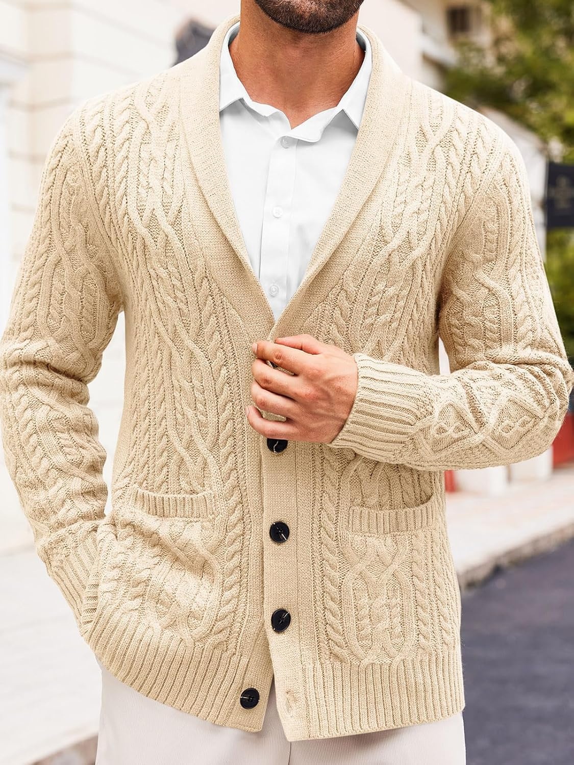 image:imageRuncati Mens Shawl Collar Cardigan Sweaters Cable Knit Button Down SweaterBeige
