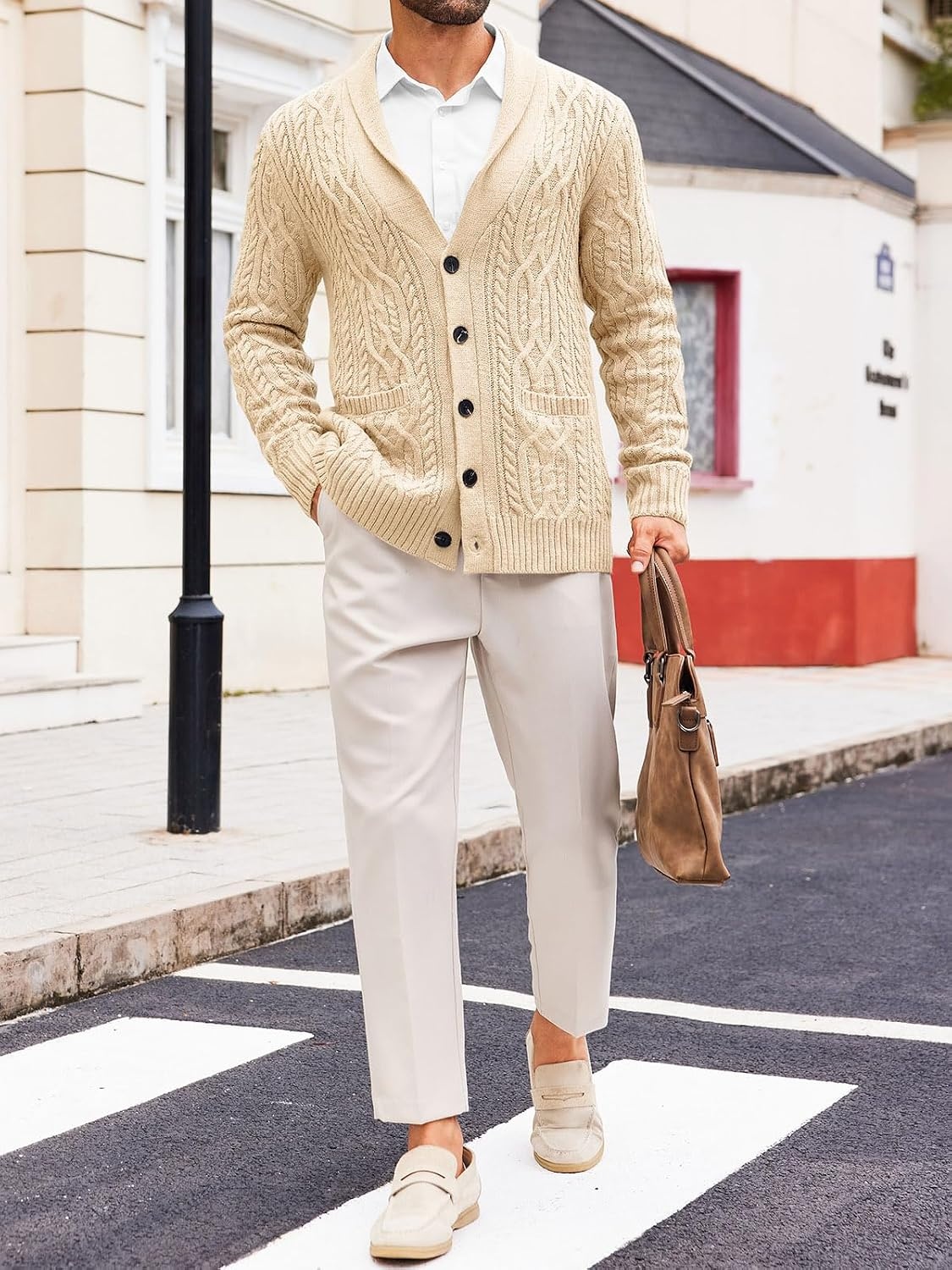image:imageRuncati Mens Shawl Collar Cardigan Sweaters Cable Knit Button Down SweaterBeige