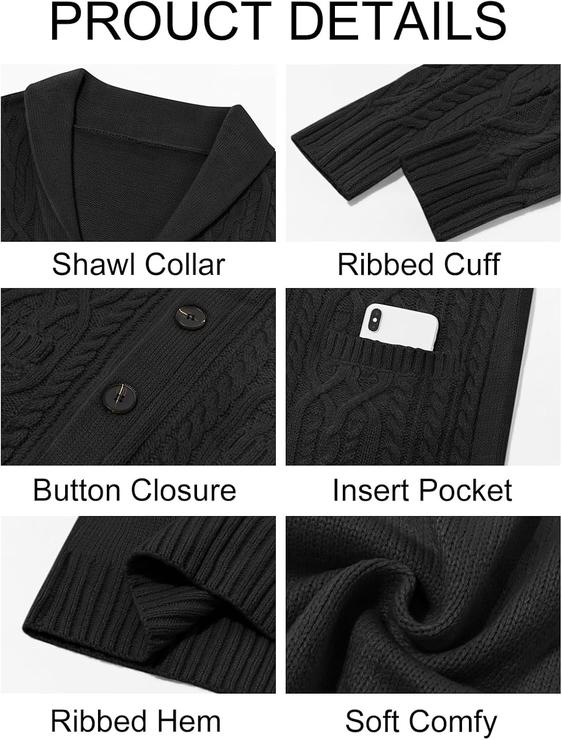 image:imageRuncati Mens Shawl Collar Cardigan Sweaters Cable Knit Button Down SweaterBlack