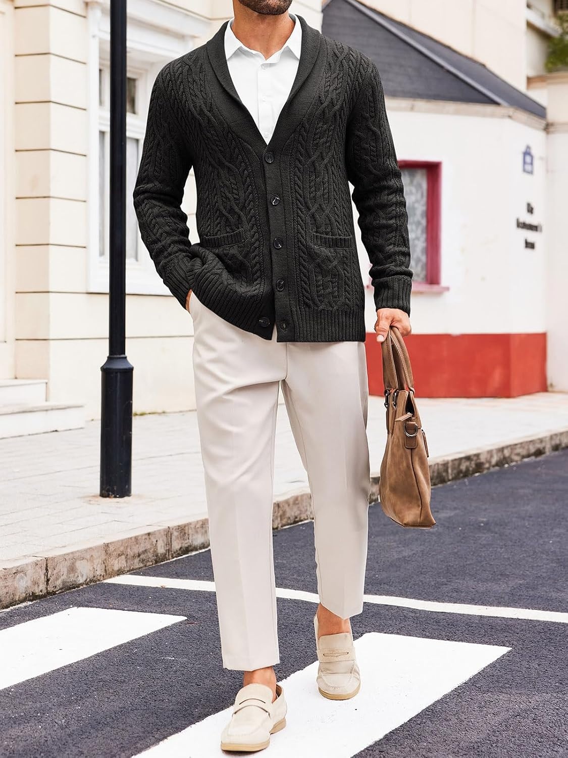 image:imageRuncati Mens Shawl Collar Cardigan Sweaters Cable Knit Button Down SweaterBlack
