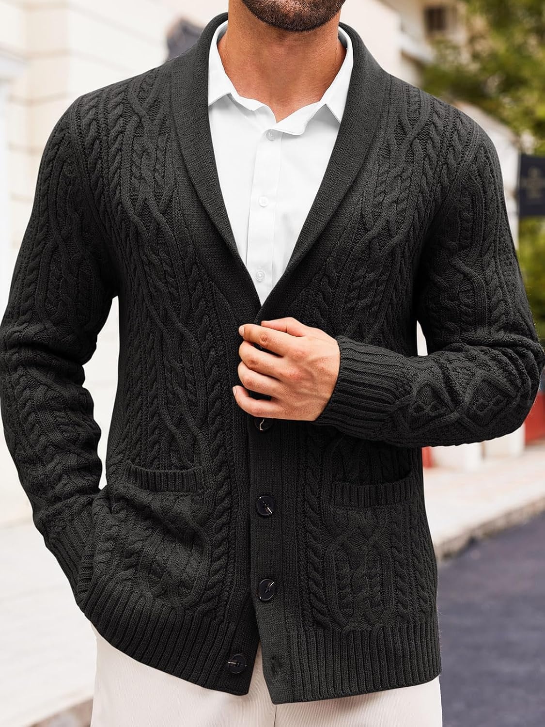 image:imageRuncati Mens Shawl Collar Cardigan Sweaters Cable Knit Button Down SweaterBlack