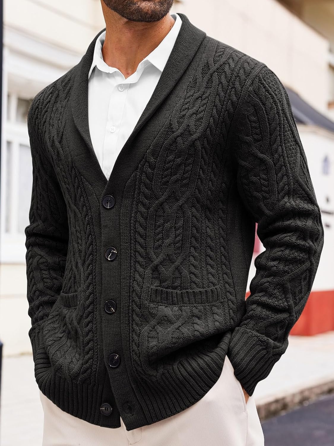 image:imageRuncati Mens Shawl Collar Cardigan Sweaters Cable Knit Button Down SweaterBlack