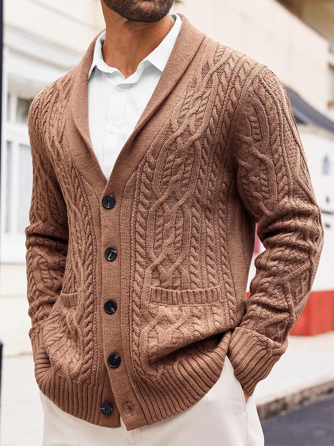 image:imageRuncati Mens Shawl Collar Cardigan Sweaters Cable Knit Button Down SweaterBrown