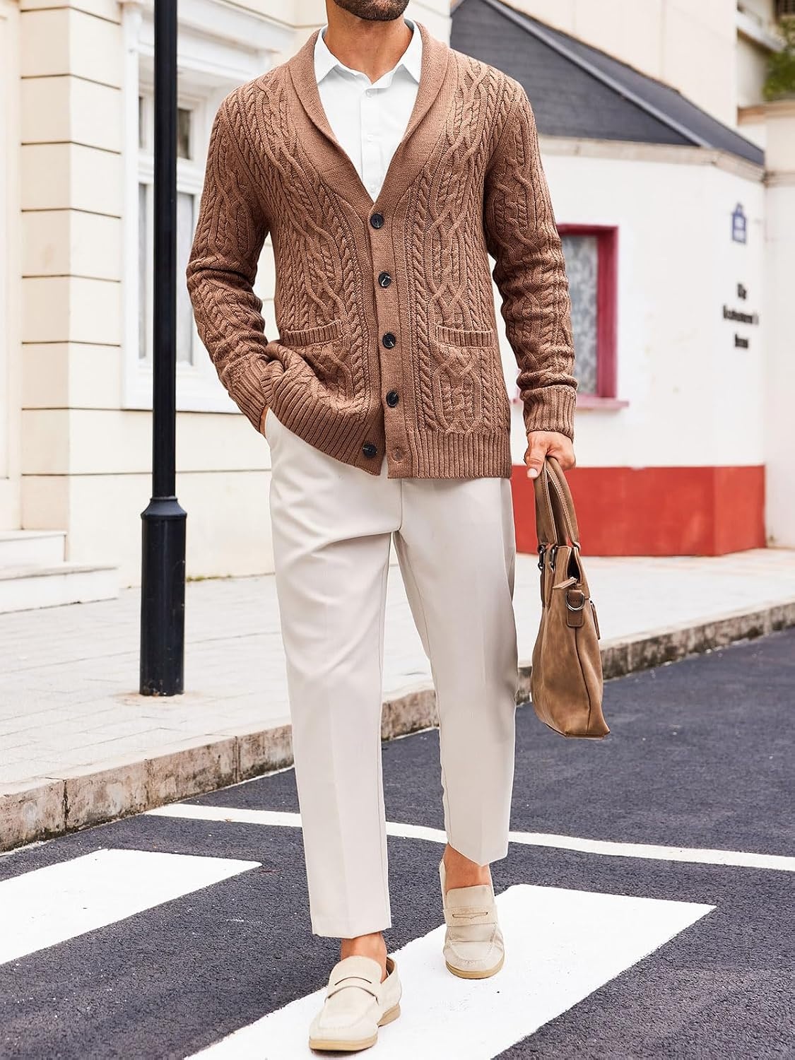 image:imageRuncati Mens Shawl Collar Cardigan Sweaters Cable Knit Button Down SweaterBrown