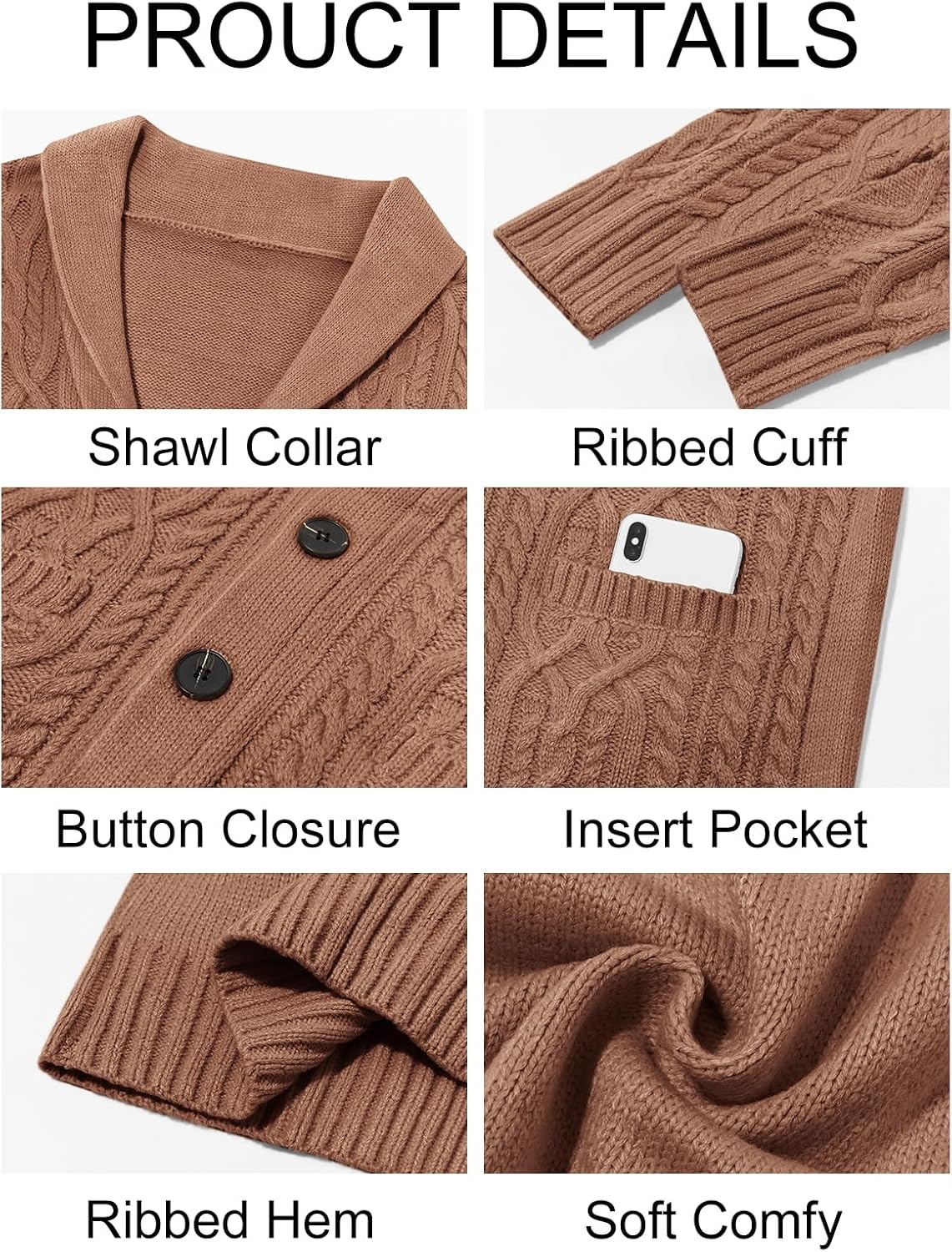 image:imageRuncati Mens Shawl Collar Cardigan Sweaters Cable Knit Button Down SweaterBrown