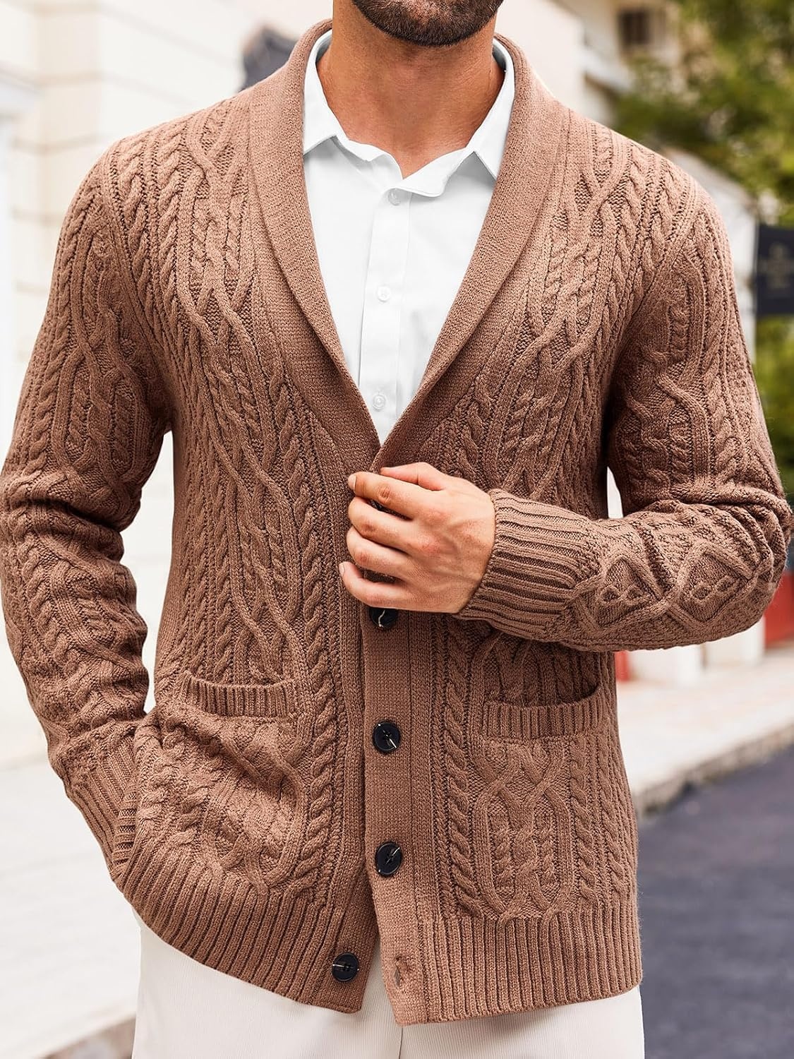 image:imageRuncati Mens Shawl Collar Cardigan Sweaters Cable Knit Button Down SweaterBrown