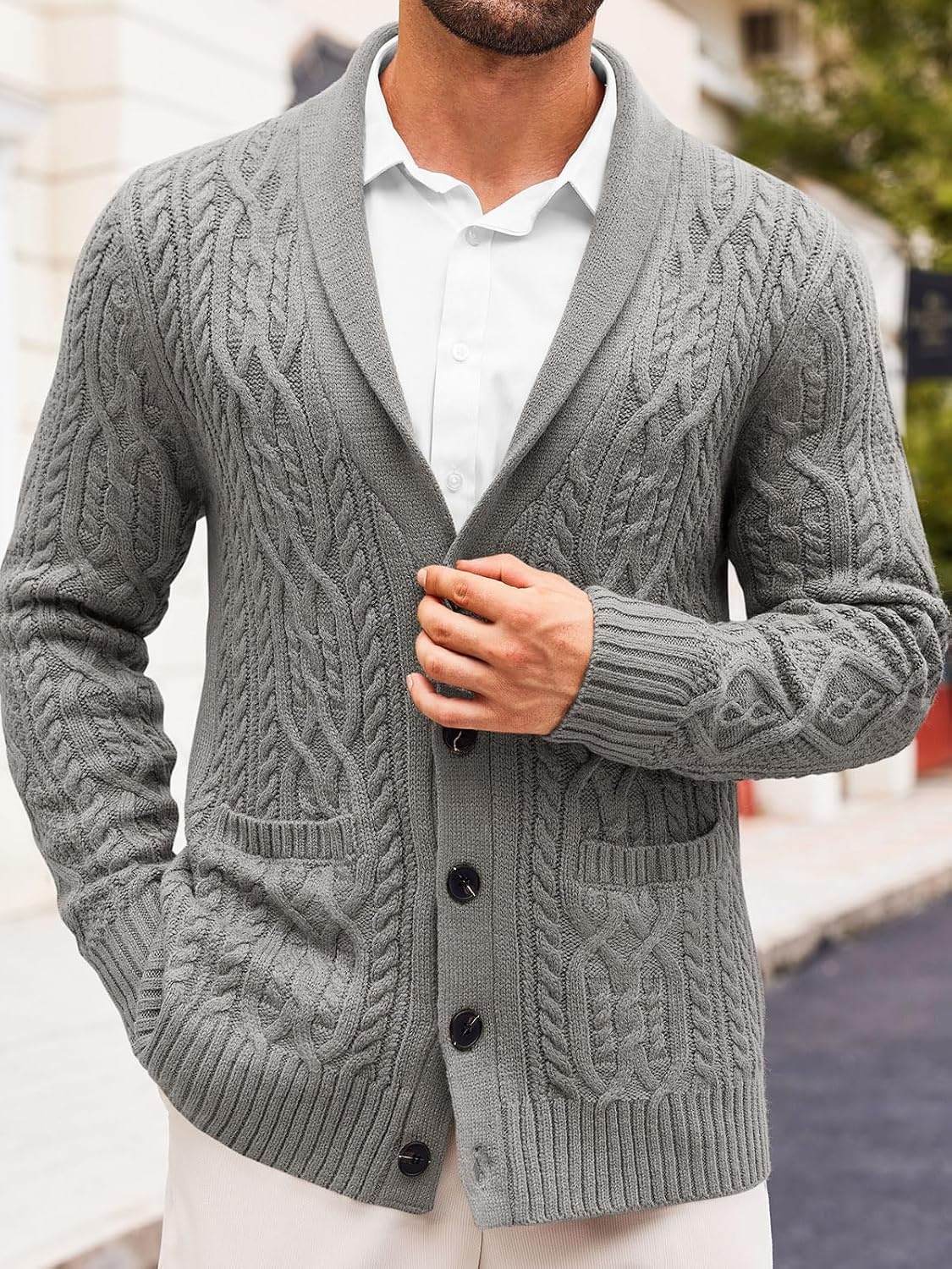 image:imageRuncati Mens Shawl Collar Cardigan Sweaters Cable Knit Button Down SweaterGray