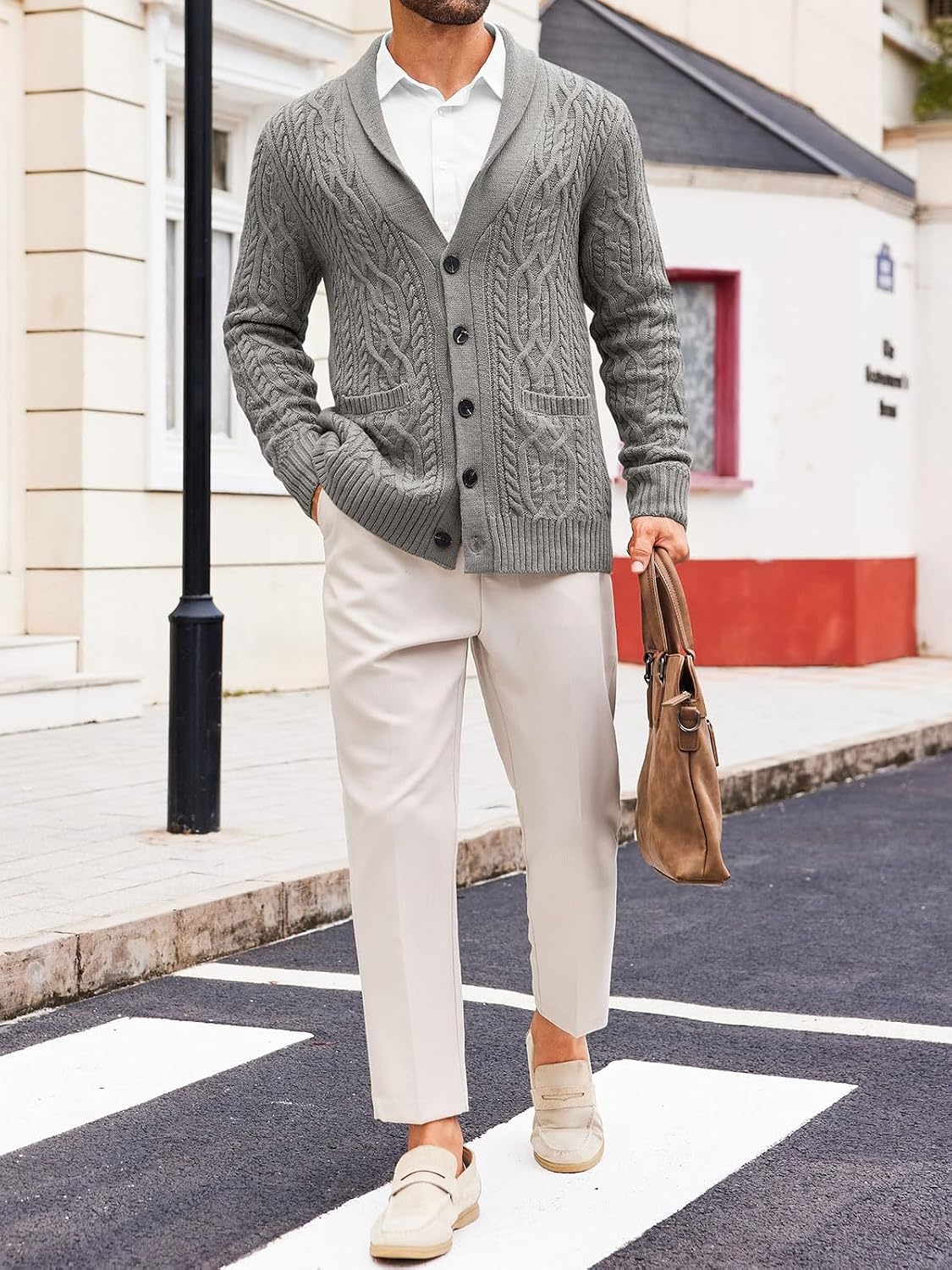 image:imageRuncati Mens Shawl Collar Cardigan Sweaters Cable Knit Button Down SweaterGray