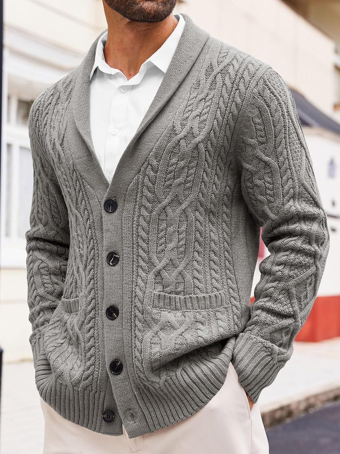 image:imageRuncati Mens Shawl Collar Cardigan Sweaters Cable Knit Button Down SweaterGray