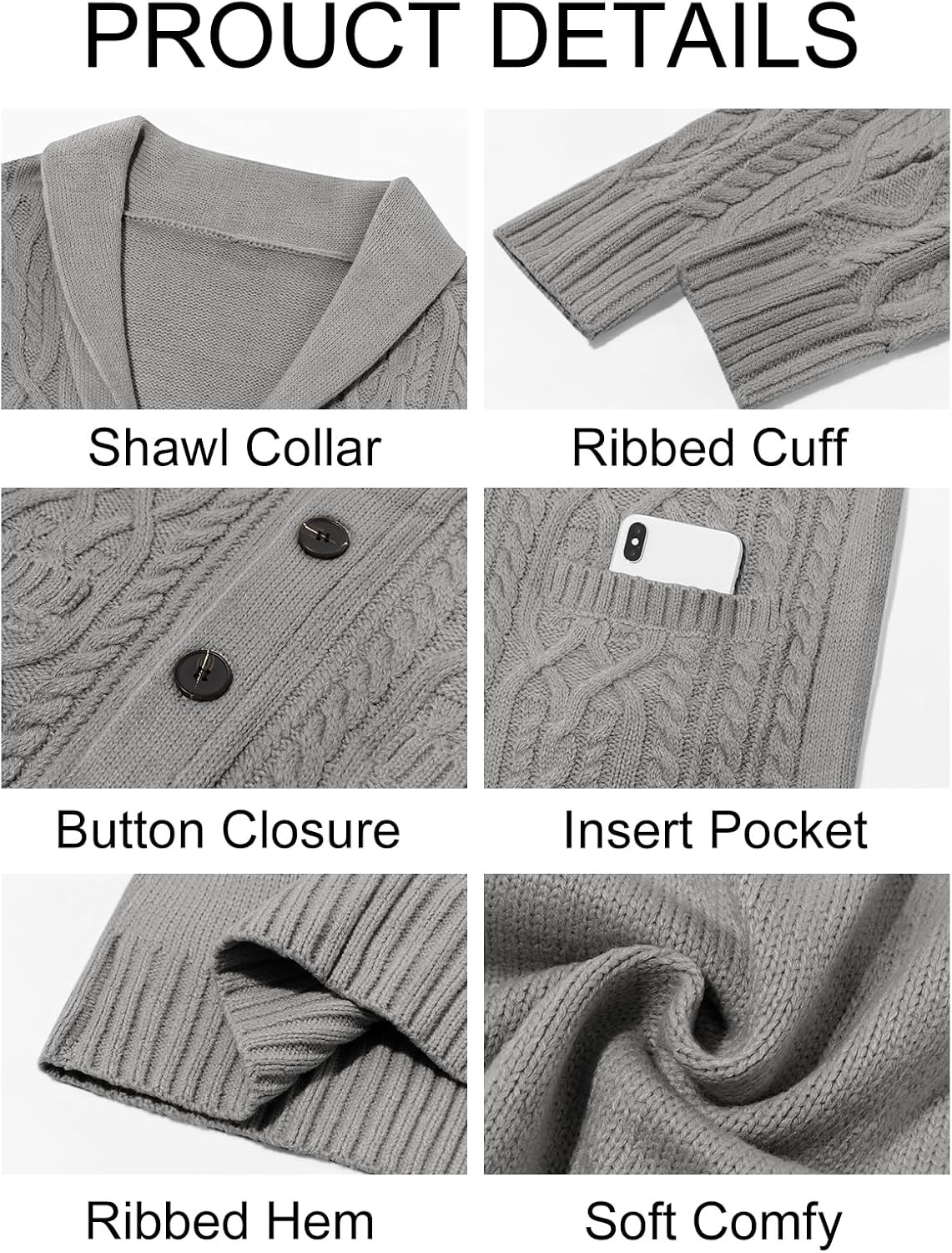 image:imageRuncati Mens Shawl Collar Cardigan Sweaters Cable Knit Button Down SweaterGray