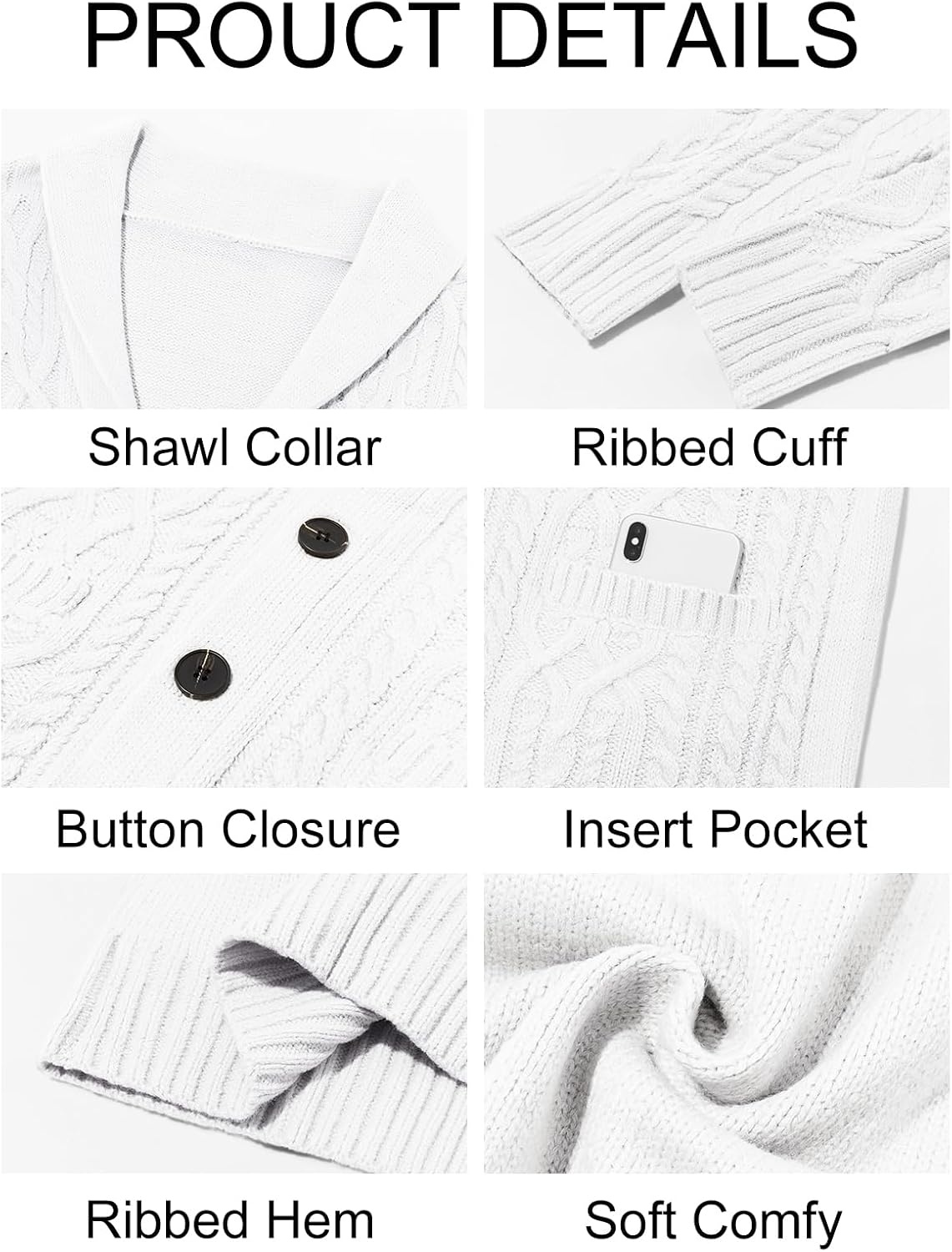 image:imageRuncati Mens Shawl Collar Cardigan Sweaters Cable Knit Button Down SweaterWhite