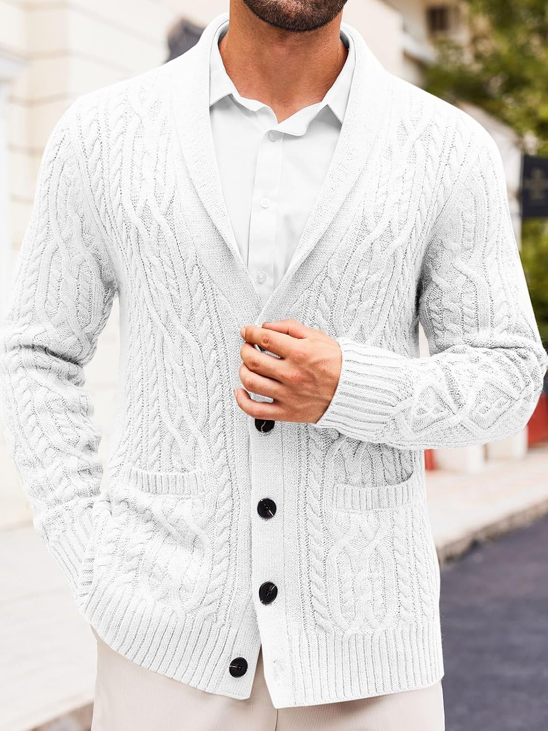 image:imageRuncati Mens Shawl Collar Cardigan Sweaters Cable Knit Button Down SweaterWhite