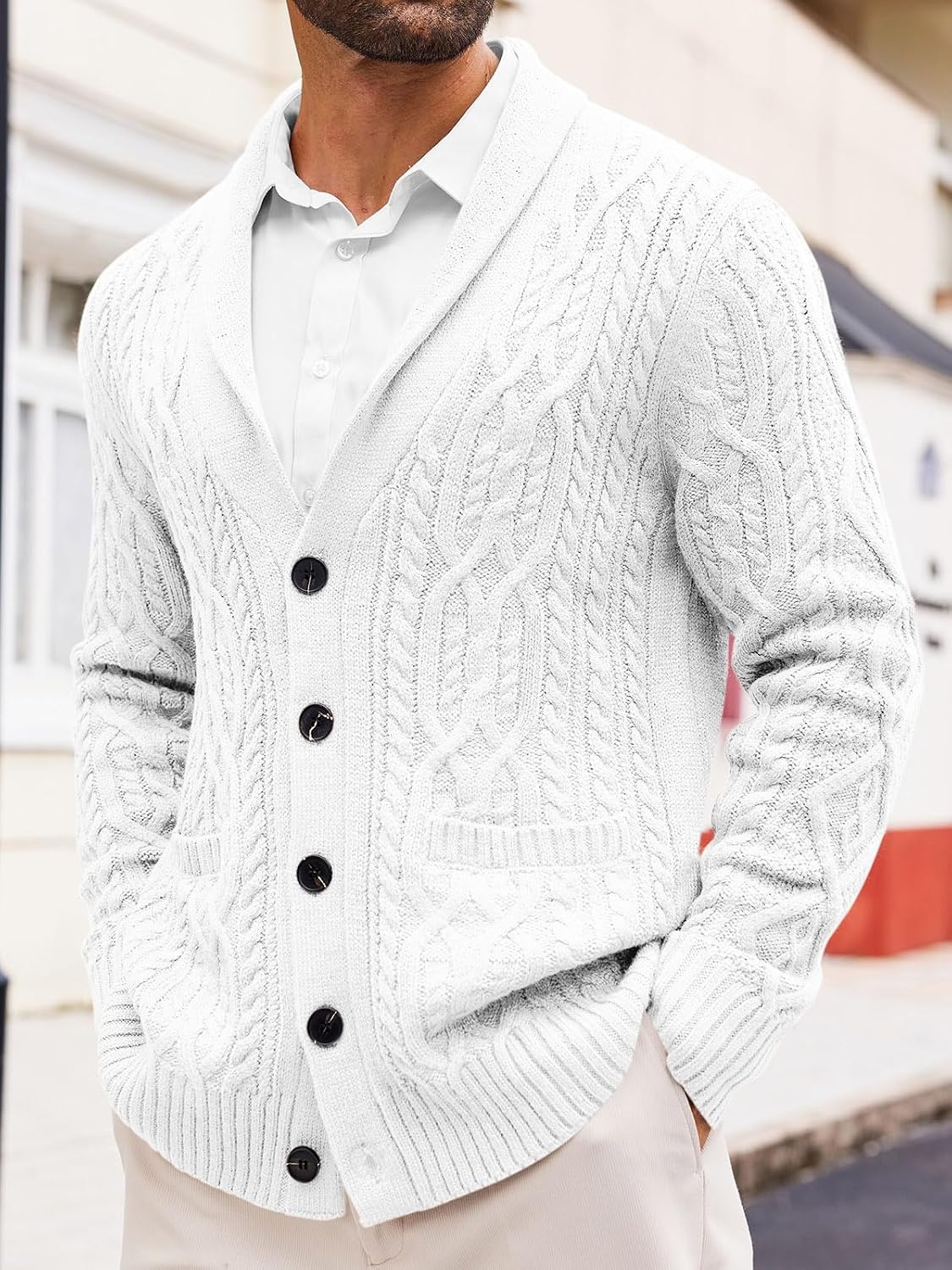 image:imageRuncati Mens Shawl Collar Cardigan Sweaters Cable Knit Button Down SweaterWhite