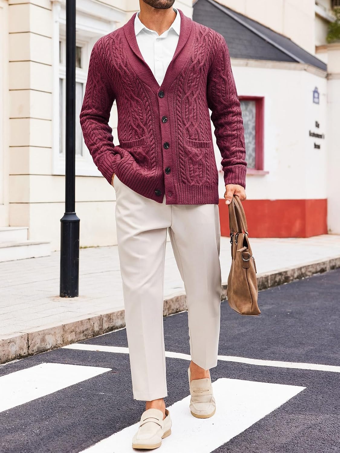 image:imageRuncati Mens Shawl Collar Cardigan Sweaters Cable Knit Button Down SweaterWine Red