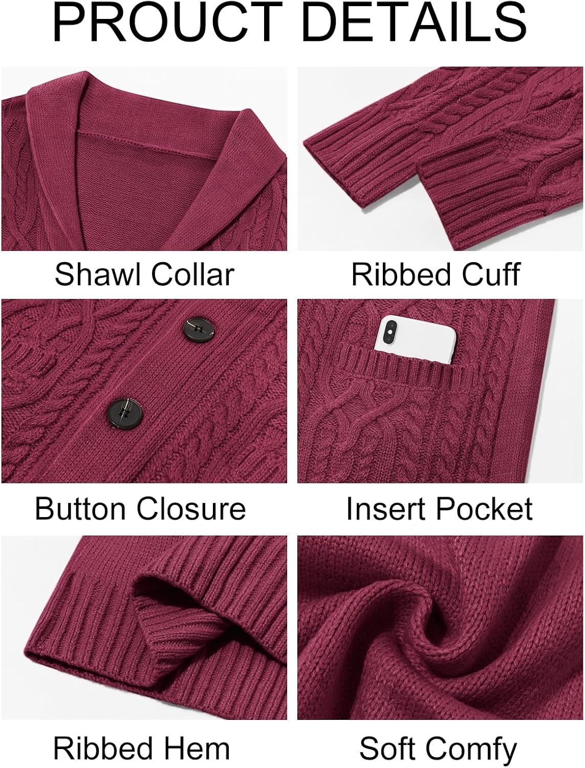 image:imageRuncati Mens Shawl Collar Cardigan Sweaters Cable Knit Button Down SweaterWine Red