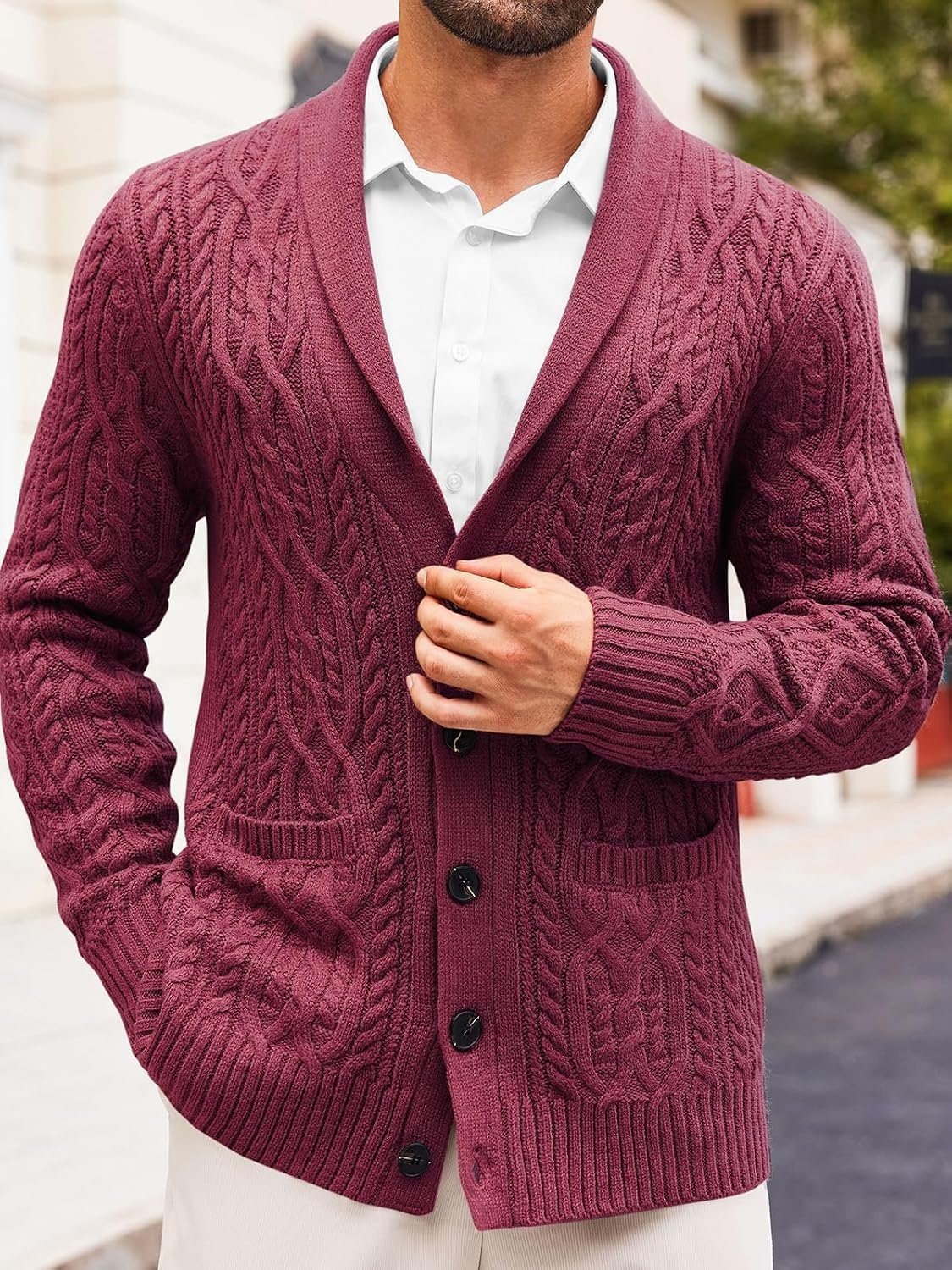 image:imageRuncati Mens Shawl Collar Cardigan Sweaters Cable Knit Button Down SweaterWine Red