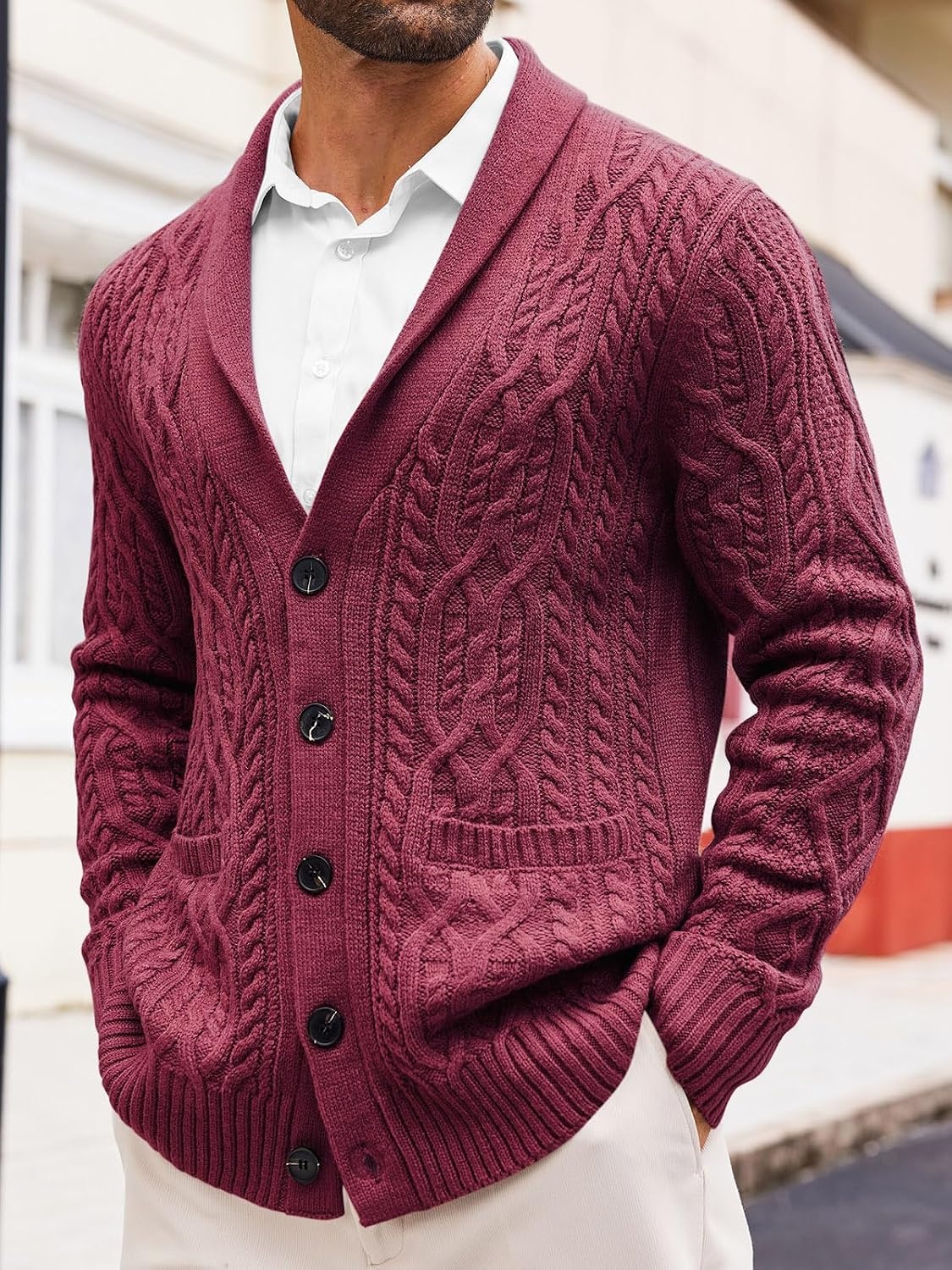 image:imageRuncati Mens Shawl Collar Cardigan Sweaters Cable Knit Button Down SweaterWine Red