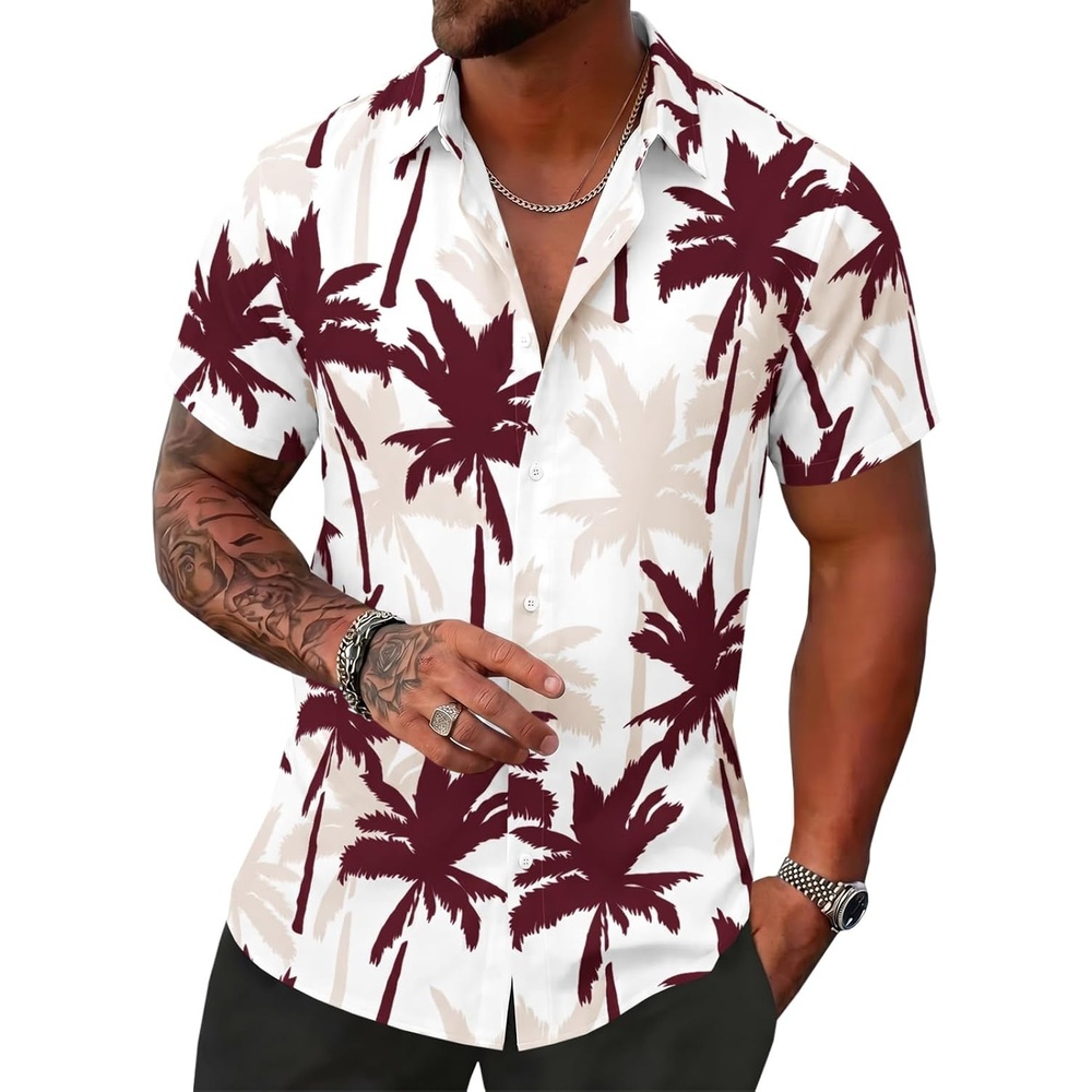 image:imageRuncati Mens Hawaiian Button Down Shirts Short Sleeve Tropical Shirt Graphic Palm Tree Printed Summer Beach TopsBurgundy