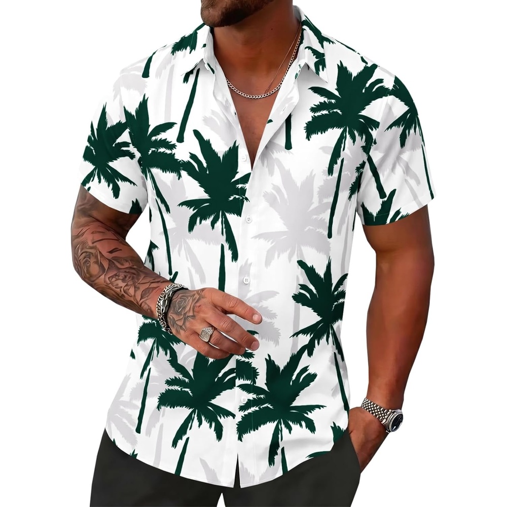 image:imageRuncati Mens Hawaiian Button Down Shirts Short Sleeve Tropical Shirt Graphic Palm Tree Printed Summer Beach TopsDark Green