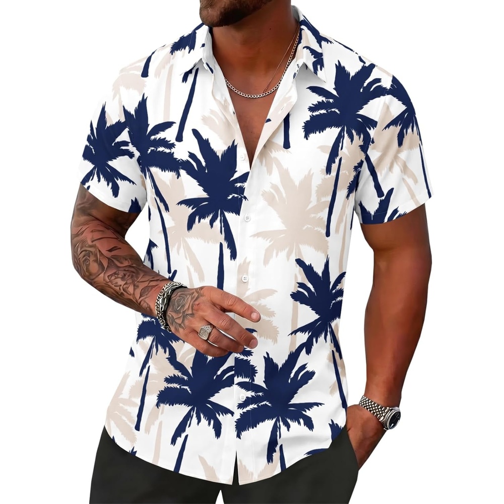 image:imageRuncati Mens Hawaiian Button Down Shirts Short Sleeve Tropical Shirt Graphic Palm Tree Printed Summer Beach TopsNavy