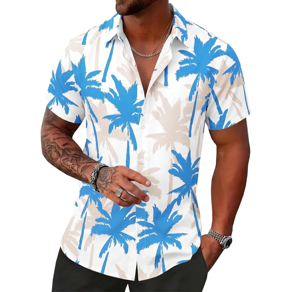 image:imageRuncati Mens Hawaiian Button Down Shirts Short Sleeve Tropical Shirt Graphic Palm Tree Printed Summer Beach TopsSky Blue