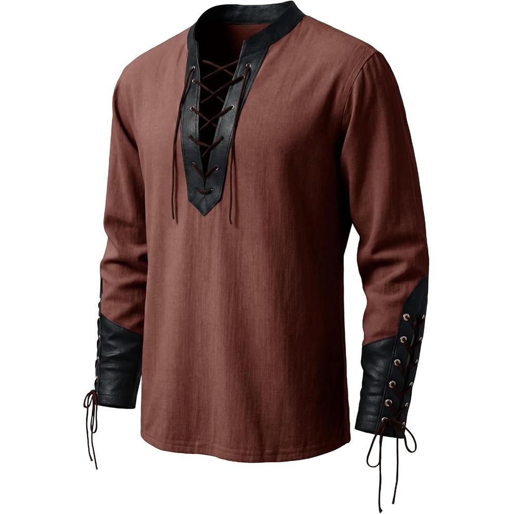 image:imageRuncati Mens Medieval Pirate Shirt Lace Up Faux Leather Viking Costume TopsBrown