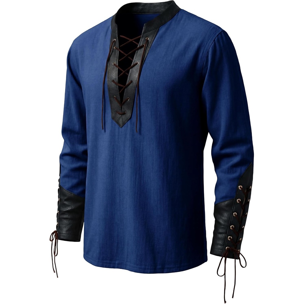 image:imageRuncati Mens Medieval Pirate Shirt Lace Up Faux Leather Viking Costume TopsNavy