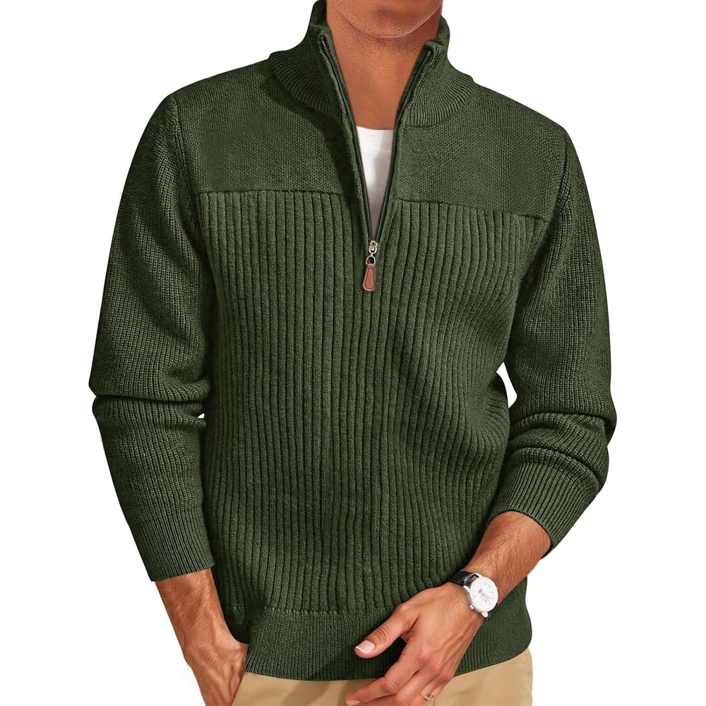 image:imageRuncati Mens Quarter Zip Sweater Mock Neck Pullover Casual Polo SweatersArmy Green