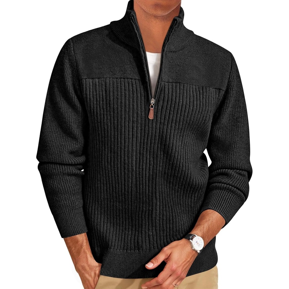 image:imageRuncati Mens Quarter Zip Sweater Mock Neck Pullover Casual Polo SweatersBlack
