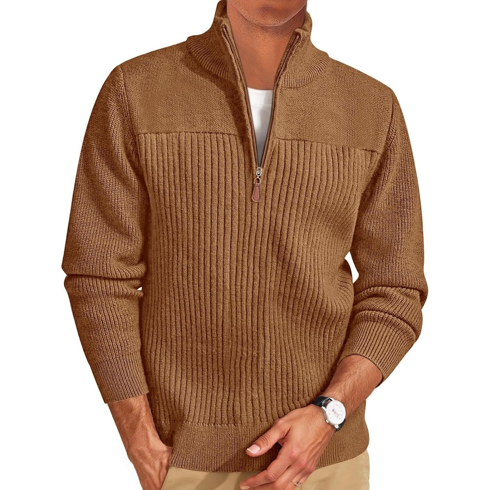image:imageRuncati Mens Quarter Zip Sweater Mock Neck Pullover Casual Polo SweatersBrown