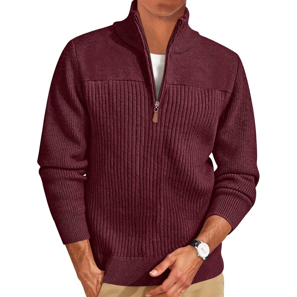 image:imageRuncati Mens Quarter Zip Sweater Mock Neck Pullover Casual Polo SweatersWine Red