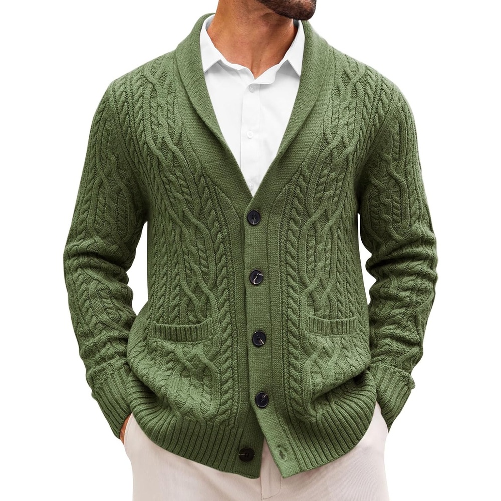 image:imageRuncati Mens Shawl Collar Cardigan Sweaters Cable Knit Button Down SweaterArmy Green