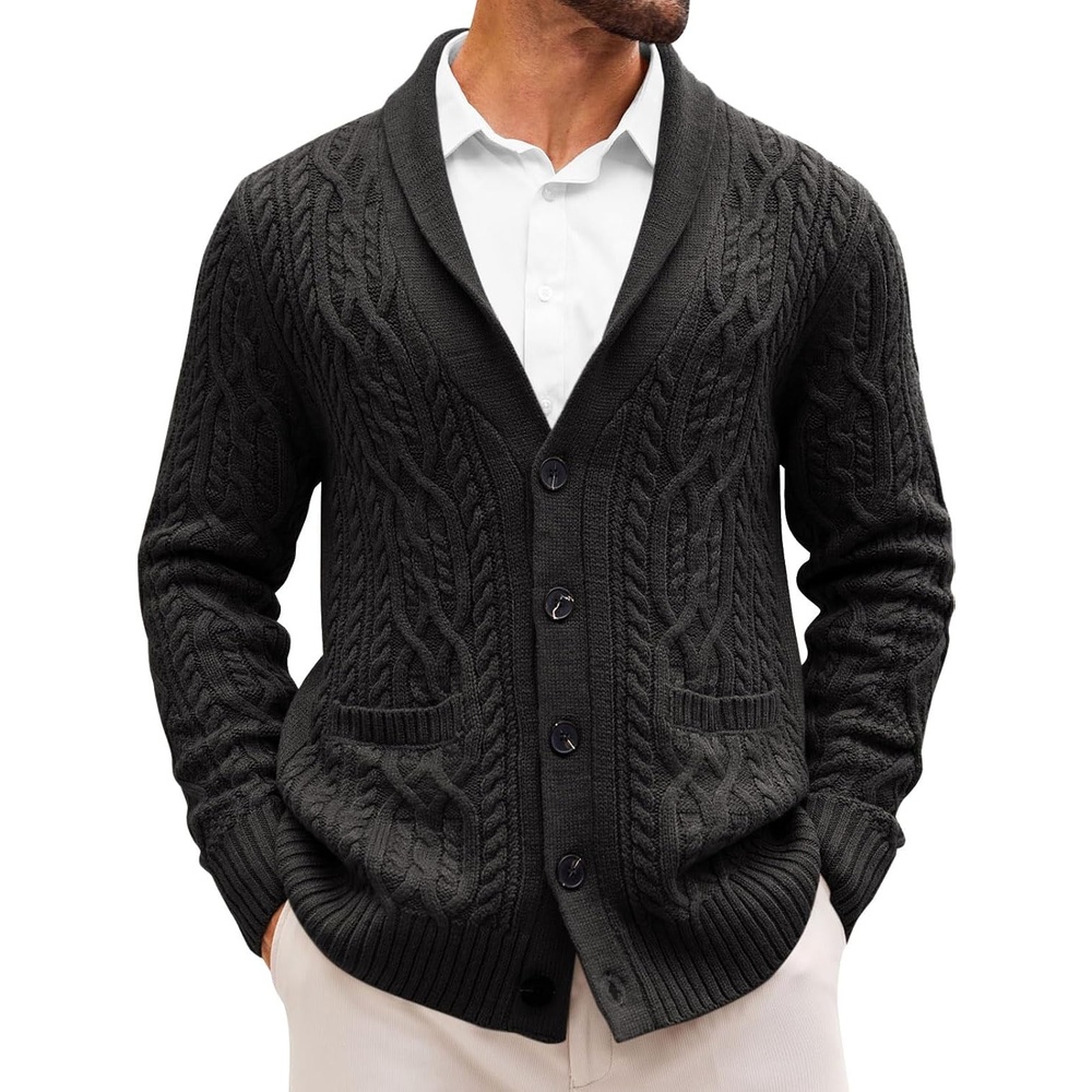 image:imageRuncati Mens Shawl Collar Cardigan Sweaters Cable Knit Button Down SweaterBlack
