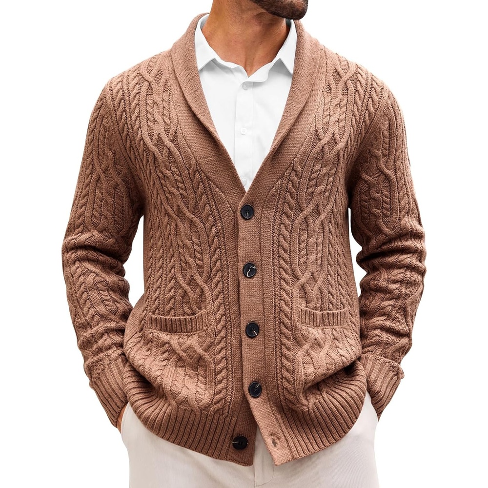 image:imageRuncati Mens Shawl Collar Cardigan Sweaters Cable Knit Button Down SweaterBrown
