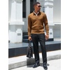 Runcati Mens Quarter Zip Sweater Mock Neck Pullover Casual Polo Sweaters(Brown)