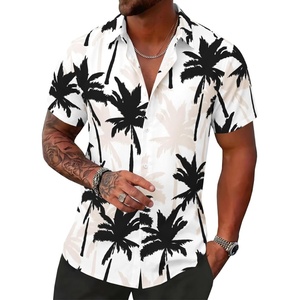 Runcati Mens Hawaiian Button Down Shirts Short Sleeve Tropical Shirt Graphic Palm Tree Printed Summer Beach Tops(Black)