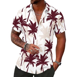 Runcati Mens Hawaiian Button Down Shirts Short Sleeve Tropical Shirt Graphic Palm Tree Printed Summer Beach Tops(Burgundy)