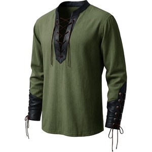 Runcati Mens Medieval Pirate Shirt Lace Up Faux Leather Viking Costume Tops(Army Green)