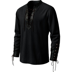 Runcati Mens Medieval Pirate Shirt Lace Up Faux Leather Viking Costume Tops(Black)