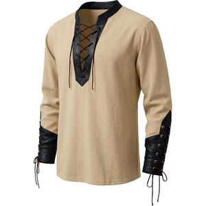 Runcati Mens Medieval Pirate Shirt Lace Up Faux Leather Viking Costume Tops(Khaki)
