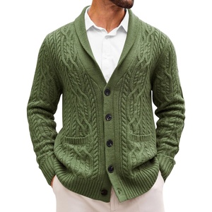 Runcati Mens Shawl Collar Cardigan Sweaters Cable Knit Button Down Sweater(Army Green)