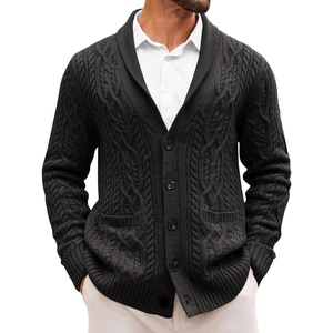 Runcati Mens Shawl Collar Cardigan Sweaters Cable Knit Button Down Sweater(Black)