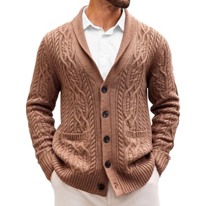 Runcati Mens Shawl Collar Cardigan Sweaters Cable Knit Button Down Sweater(Brown)