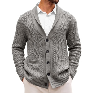 Runcati Mens Shawl Collar Cardigan Sweaters Cable Knit Button Down Sweater(Gray)