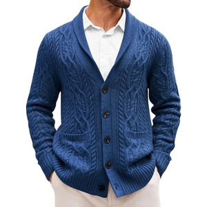 Runcati Mens Shawl Collar Cardigan Sweaters Cable Knit Button Down Sweater(Navy)