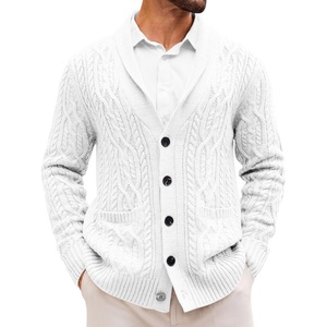 Runcati Mens Shawl Collar Cardigan Sweaters Cable Knit Button Down Sweater(White)