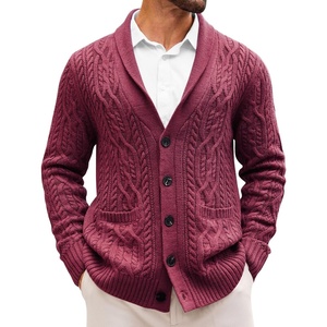 Runcati Mens Shawl Collar Cardigan Sweaters Cable Knit Button Down Sweater(Wine Red)