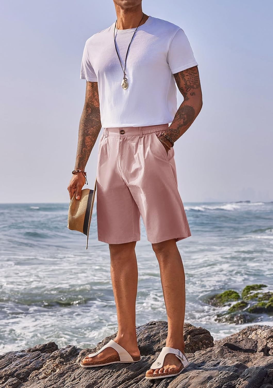 image:imageRuncati Mens Golf Shorts Flat Front Chino Dress Work Short PantsPink