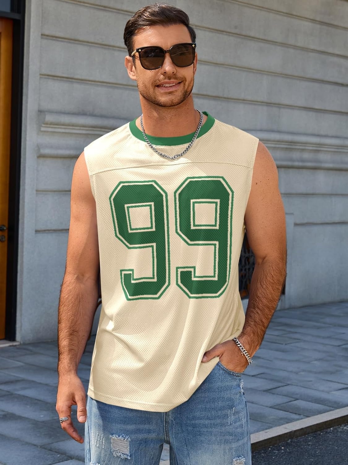 image:imageRuncati Mens Jersey Shirs Number Graphic Sleeveless Mesh Oversized Tank TopApricot