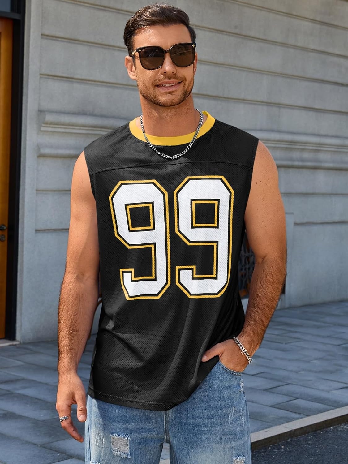 image:imageRuncati Mens Jersey Shirs Number Graphic Sleeveless Mesh Oversized Tank TopBlack